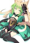  1girl ahoge animal_ears atalanta_(fate) breasts cat_ears eyebrows_visible_through_hair fate/apocrypha fate_(series) gradient_hair green_eyes green_hair hair_between_eyes medium_breasts multicolored_hair nahu pleated_skirt ribbed_sweater short_hair sitting sketch skirt smile solo sweater 