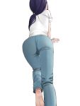  1girl ass barefoot black_hair blue_pants crawling denim easy_(aqk7bdqt) jeans low_ponytail pants shirt simple_background solo t-shirt tokedase!_mizorechan white_background white_shirt 