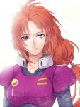  1girl blue_eyes closed_mouth commentary_request gundam gundam_unicorn hinotta long_hair looking_at_viewer marida_cruz orange_hair pilot_suit ponytail simple_background solo white_background 