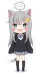  +_+ 1girl amashiro_natsuki animal_ears bangs black_hoodie black_legwear blue_bow blush blush_stickers bow cat_ears cat_girl cat_tail chibi collared_shirt commentary_request drawstring dress_shirt eyebrows_visible_through_hair food_themed_hair_ornament full_body grey_hair grey_skirt hair_between_eyes hair_ornament hairclip highres hood hood_down hoodie long_hair long_sleeves no_shoes original plaid plaid_skirt pleated_skirt romaji_text shadow shirt skirt sleeves_past_fingers sleeves_past_wrists solo speech_bubble standing tail thighhighs very_long_hair white_background white_shirt 