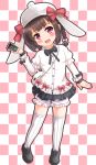  1girl :d animal_bag animal_ears animal_hat bag bangs black_bow black_footwear bloomers blush bow braid brown_hair bunny_ears bunny_hat cellphone checkered checkered_background commentary_request eyebrows_visible_through_hair fake_animal_ears full_body girls_frontline hair_bow hat hat_bow head_tilt highres holding holding_cellphone holding_phone jacket long_sleeves m99_(girls_frontline) open_mouth phone puffy_short_sleeves puffy_sleeves red_bow red_eyes shiruzu_(sk10102194) shoes short_over_long_sleeves short_sleeves shoulder_bag sleeves_past_wrists smile solo standing striped striped_bow thighhighs twin_braids underwear white_bloomers white_bow white_headwear white_jacket white_legwear 