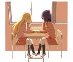  2girls blonde_hair classroom eyes_closed gabriel_dropout hand_holding highres kuro_neko_(artist) long_hair multiple_girls purple_hair short_hair tenma_gabriel_white tsukinose_vignette_april window yuri 