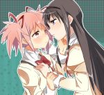  2girls akemi_homura black_hair blush hibimegane kaname_madoka long_hair mahou_shoujo_madoka_magica multiple_girls pink_eyes pink_hair purple_eyes short_hair tagme yuri 