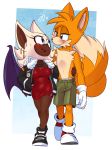  2_tails absurd_res aged_up anthro anthro_on_anthro breasts brown_skin canid canine chiropteran dark_skin female fox fur hi_res kukkiisart male male/female mammal membranous_wings miles_prower multi_tail purple_wings rouge_the_bat sonic_(series) wings 