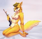  2019 5_fingers anthro breasts brown_eyes canid canine digital_media_(artwork) elvche eyewear female fox fur glasses gun hi_res holding_object holding_weapon kneeling lt._fox_vixen mammal navel nipples ranged_weapon smile solo squirrel_and_hedgehog weapon yellow_fur 