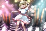 1girl ;d arms_up bangs blonde_hair blunt_bangs blurry blurry_background blush bokeh brown_eyes commentary_request contrapposto dark_skin depth_of_field earlobes ebisu_eika eyebrows_visible_through_hair feet_out_of_frame ghost hand_to_head holding_rock juuni_05 light_particles looking_at_viewer medium_hair one_eye_closed open_mouth outstretched_arm polka_dot_skirt puffy_short_sleeves puffy_sleeves rock shirt short_sleeves skirt smile solo sparkle stack standing touhou v white_shirt white_skirt 