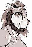  anthro big_breasts bottomless bovid bovine breasts cattle clothed clothing curvaceous female greyscale hi_res horn looking_at_viewer makeup mammal monochrome nipples pussy slavedemorto smile solo thick_thighs 