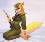  2019 5_fingers anthro breasts brown_eyes canid canine clothed clothing digital_media_(artwork) elvche eyewear female fox fur glasses gun hi_res holding_object holding_weapon kneeling lt._fox_vixen mammal ranged_weapon smile solo squirrel_and_hedgehog weapon yellow_fur 