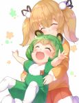  2girls animal animal_ears animare ass bangs bear_ears blonde_hair blunt_bangs blush bunny_ears eyebrows_visible_through_hair eyes_closed green_hair hair_between_eyes hair_ribbon highres hinokuma_ran inaba_haneru_(animare) kokka_han multiple_girls pleated_skirt ribbon short_hair skirt smile virtual_youtuber white_legwear younger 