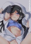  1girl arm_warmers asashio_(kantai_collection) bed bed_sheet black_hair blue_bra blue_eyes blush bottomless bra breasts buttons collarbone cushion_grab ebifurya from_above heavy_breathing highres kantai_collection lips long_hair looking_at_viewer lying midriff navel on_back one_eye_closed out_of_frame pink_lips shirt short_sleeves small_breasts spread_legs stomach thighs twitter_username unbuttoned underwear white_shirt 