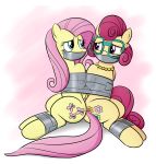  back_to_back bdsm bondage bound daughter equid equine eyewear feral fluttershy_(mlp) friendship_is_magic gag glasses jewelry mammal mother mother_and_daughter mrs._shy_(mlp) my_little_pony necklace nivek15 parent pterippus simple_background tape tape_bondage tape_gag 