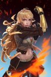  1girl blonde_hair breasts brown_jacket fingerless_gloves g21mm gloves highres jacket lips long_hair medium_breasts midriff nose orange_scarf prosthesis prosthetic_arm realistic red_eyes rwby scarf solo upper_body wavy_hair yang_xiao_long 