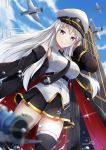  1girl aircraft airplane as4gi azur_lane belt black_coat black_legwear black_neckwear black_skirt blurry breasts cloud cloudy_sky coat collared_shirt day depth_of_field enterprise_(azur_lane) eyebrows_visible_through_hair flight_deck hand_in_hair hat long_hair long_sleeves looking_at_viewer medium_breasts military_hat miniskirt necktie off_shoulder outdoors purple_eyes shirt signature silver_hair skirt sky sleeveless sleeveless_shirt smile solo straight_hair thighhighs thighs white_headwear white_shirt zettai_ryouiki 