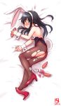  1girl aftersex alternate_costume animal_ears artist_logo asashio_(kantai_collection) black_eyes black_hair black_leotard blush bow bowtie brown_legwear bunny_ears bunny_tail bunnysuit carrot commentary_request cup dated detached_collar drinking_glass full_body high_heels highres kanon_(kurogane_knights) kantai_collection leotard leotard_pull long_hair lying on_side pantyhose red_footwear red_neckwear solo spill strapless strapless_leotard tail tears torn_clothes torn_legwear wine_glass wrist_cuffs 