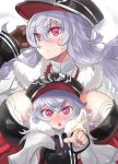  2girls azur_lane black_coat black_headwear blush bra bra_peek breasts brown_gloves cape coat erect_nipples eyebrows_visible_through_hair fur_trim gloves graf_zeppelin_(azur_lane) hair_between_eyes hat ishizu_kayu large_breasts long_hair long_sleeves military_hat multiple_girls open_mouth pointing pointing_at_viewer purple_eyes silver_hair sweatdrop turret underwear upper_body wavy_hair white_bra zeppelin-chan_(azur_lane) 