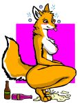 beverage blush bottle breasts canid canine chest_tuft crouching drunk empty_bottle female fox fur mammal nude omorashi peeing relief side_boob simple_background smile solo toes tongue tongue_out tuft tuputuotuo_(artist) urine urine_pool watersports 