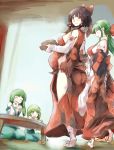  6+girls bare_shoulders black_hair blush breasts eyes_closed green_hair hair_ornament hair_ribbon hakurei_reimu highres hime_cut holding kochiya_sanae large_breasts long_hair mother_and_daughter multiple_girls pregnant red_eyes ribbon short_hair smile table touhou wife_and_wife yohane 