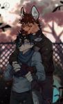  brown_eyes canid canine clothed clothing duo fur hair hi_res maaty-s male mammal red_eyes scarf 