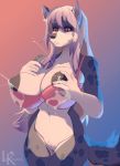  anthro big_breasts bottomless bra breasts canid canine clothed clothing female hi_res huge_breasts lactating leokingdom mammal nipples pussy solo standing underwear wide_hips 