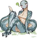  ? anthro belly_scales blue_scales blush breasts butt claws crossed_legs eyelashes featureless_breasts female forked_tongue hi_res lightsource looking_at_viewer non-mammal_breasts nude reptile scales scalie simple_background sitting snake solo tongue tongue_out white_background 