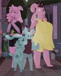  2019 absurd_res beverage blue_body bow cerise_(floraverse) city clothed clothing cress_(floraverse) detailed_background digital_media_(artwork) dorthy_(floraverse) felid female floraverse gelbeast goo_creature hi_res holding_object holding_umbrella jaylen_the_meowstic mammal mellie_(floraverse) open_mouth open_smile pink_body plant raining smile tongue tongue_out translucent_body umbrella water 