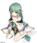  1girl alternate_breast_size bangs bare_legs crossed_bangs eyebrows_visible_through_hair fate/grand_order fate_(series) flat_chest green_eyes green_hair hair_between_eyes highres holding_clothes katoroku kiyohime_(fate/grand_order) long_hair looking_at_viewer open_mouth simple_background single_thighhigh solo thighhighs twitter_username white_background 