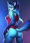  2019 anthro blue_eyes blue_fur blue_hair blue_nose breasts canid canine clothed clothing digital_media_(artwork) female fox fur hair hi_res mammal simple_background smile solo standing yasmil 