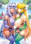  2girls bangs bare_shoulders blonde_hair blue_eyes blush braid breast_press breasts collarbone comic_unreal crossed_bangs dark_elf dark_skin earrings elbow_gloves elf erect_nipples eyebrows_visible_through_hair gem gloves green_gloves green_legwear hair_ornament hair_ribbon hand_holding hands_together high_collar highleg highres huge_breasts jewelry long_hair mogudan multiple_girls navel nipples original parted_lips pointy_ears purple_gloves purple_legwear red_eyes ribbon side-by-side sidelocks single_braid smile sweat thighhighs very_long_hair 