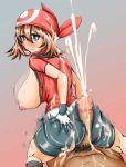  1boy 1girl ass breasts brown_hair buttjob creatures_(company) cum cum_on_ass game_freak haruka_(pokemon) huge_ass huge_breasts muujin_(imapan) nintendo penis pokemon pokemon_(game) pokemon_rse rubbing trembling 