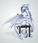  2019 4_toes anthro areola big_butt breasts butt chair digital_media_(artwork) dragon female hair membranous_wings nipples non-mammal_breasts nude scalie simple_background sitting smile solo toes western_dragon wings yasmil 