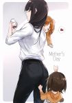  /\/\/\ 3girls :d ^_^ ass baby_bottle black_hair bottle brown_eyes brown_hair closed_eyes cowboy_shot eyes_closed family from_behind girls_und_panzer heart long_hair looking_back mother&#039;s_day mother_and_daughter multiple_girls nishizumi_maho nishizumi_miho nishizumi_shiho open_mouth orange_hair outside_border profile siblings simple_background sisters smile spoken_heart younger yuuyu_(777) 