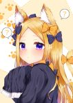  1girl :&lt; ? abigail_williams_(fate/grand_order) akirannu animal_ear_fluff animal_ears bangs black_bow black_dress blonde_hair blush bow cat_ears cat_tail closed_mouth dress fate/grand_order fate_(series) hair_bow highres kemonomimi_mode long_hair long_sleeves looking_at_viewer orange_bow parted_bangs paw_print polka_dot polka_dot_bow purple_eyes sleeves_past_fingers sleeves_past_wrists solo spoken_question_mark tail tail_bow upper_body very_long_hair 