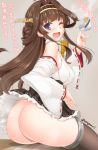  1girl ;d ahoge asaga_aoi ass bangs bare_shoulders black_skirt breasts brown_hair butt_crack cup detached_sleeves double_bun erect_nipples eyebrows_visible_through_hair grey_legwear hairband holding holding_cup japanese_clothes kantai_collection kongou_(kantai_collection) long_hair long_sleeves looking_at_viewer medium_breasts miniskirt no_panties nontraditional_miko one_eye_closed open_mouth pleated_skirt purple_eyes remodel_(kantai_collection) ribbon-trimmed_sleeves ribbon_trim skirt smile solo tea teacup thighhighs translation_request twitter_username wide_sleeves 