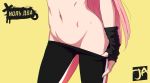  1girl black_gloves character_name close-up darling_in_the_franxx fingerless_gloves gloves groin j_adsen lower_body midriff navel pants_pull pink_hair pulled_by_self russian_text simple_background solo sportswear standing straight_hair yellow_background zero_two_(darling_in_the_franxx) 