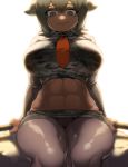  1girl abs animal_ears arms_at_sides aurochs_(kemono_friends) backlighting breast_pocket breasts brown_legwear camouflage camouflage_shirt camouflage_skirt closed_mouth collared_shirt commentary_request cow_ears cowboy_shot crop_top cropped_shirt crotch_seam dark_skin empty_eyes eyebrows_visible_through_hair eyes_visible_through_hair green_eyes green_hair hair_between_eyes highres holding impossible_clothes impossible_shirt kemono_friends large_breasts long_sleeves looking_at_viewer looking_down medium_hair microskirt midriff muscle muscular_female navel necktie pantyhose pinkboy pocket red_neckwear shirt sitting skirt smile solo stomach thick_thighs thighs upskirt wing_collar 