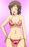  1girl 2014 ^_^ bare_arms blush chestnut_mouth collarbone foreshortening futsuu_no_joshikousei_ga_locodol_yattemita hand_on_hip happy mound_of_venus red_bikini red_swimsuit solo string_bikini usami_nanako 