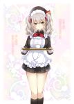  1girl absurdres alternate_costume apron beret black_headwear black_legwear black_skirt blue_eyes breasts cowboy_shot cup enmaided hat highres holding holding_tray kantai_collection kashima_(kantai_collection) kneehighs large_breasts looking_at_viewer maid maid_apron maid_headdress miniskirt neckerchief pleated_skirt red_neckwear shigunyan silver_hair skirt smile solo teacup thighs translation_request tray twintails wavy_hair 