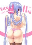  1girl ass backboob bangs black_legwear blue_hair blush breasts character_name dated hair_ribbon holding holding_hair huge_breasts long_hair looking_at_viewer looking_back open_mouth original panties red_eyes ribbon riko_(shuz) shuz_(dodidu) solo striped striped_panties thighhighs topless twintails underwear 