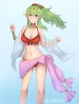  1girl bikini blue_background breasts chiki choker cleavage closed_mouth fire_emblem fire_emblem:_kakusei fire_emblem_heroes gradient gradient_background green_eyes green_hair hair_ribbon highres large_breasts long_hair looking_at_viewer mamkute medium_breasts navel nintendo pointy_ears red_bikini ribbon simple_background smile solo spiffydc standing swimsuit tiara twitter_username 