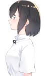  1girl black_hair black_ribbon blue_eyes from_side highres neck_ribbon original ribbon shirt short_hair simple_background smile solo suzunari_shizuku upper_body white_background white_shirt yuki_arare 