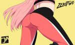  1girl ass back character_name close-up darling_in_the_franxx from_behind j_adsen long_hair lower_body midriff pink_hair signature simple_background solo sports_bra sportswear straight_hair yellow_background zero_two_(darling_in_the_franxx) 