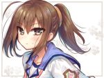  1girl angel_beats! badge blue_sailor_collar brown_eyes brown_hair floral_background hisako_(angel_beats!) long_hair looking_at_viewer nakamura_hinato sailor_collar school_uniform serafuku shinda_sekai_sensen_uniform solo sweatdrop tsurime upper_body white_background 