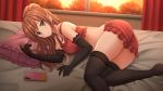  1girl :t ass bang_dream! bare_shoulders bed black_gloves black_legwear blurry blush brown_hair cellphone commentary crop_top curtains depth_of_field earrings elbow_gloves frills gloves green_eyes highres imai_lisa indoors jewelry kazenokaze long_hair looking_at_viewer loungewear lying midriff navel on_bed on_side phone pillow ponytail pout sidelocks smartphone solo sunset thighhighs thighs window 