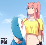  1girl bangs bikini black_bikini blue_sky breasts cloud collarbone commentary crop_top darling_in_the_franxx day green_eyes highres horns j_adsen long_hair medium_breasts midriff navel oni_horns outdoors parted_lips pink_hair ponytail red_horns shark shirt side-tie_bikini signature sky solo standing swimsuit yellow_shirt zero_two_(darling_in_the_franxx) 