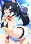  1girl :3 :d animal_ear_fluff animal_ears azur_lane bangs bare_shoulders beach bikini black_hair blue_sky breasts cleavage cloud day eyebrows_visible_through_hair fang hair_between_eyes hand_up hidaka0503 long_hair looking_at_viewer medium_breasts navel ocean open_mouth orange_eyes ponytail shigure_(azur_lane) sky smile solo swimsuit tail tail_raised underboob v-shaped_eyebrows water wolf_ears wolf_girl wolf_tail 