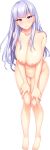  1girl areolae babumi!_~atashi_ga_uminaoshite_yan_yo!~ barefoot blush breasts censored character_request eyebrows_visible_through_hair full_body hands_on_own_knees highres huge_breasts hunched_over large_breasts lavender_hair leaning_forward long_hair looking_at_viewer mame_oji-tan mosaic_censoring navel nipples nude official_art puffy_nipples purple_eyes pussy sakaki_mafuyu smile solo standing tagme transparent_background 