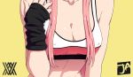  1girl abs arm_at_side breasts cleavage close-up collarbone darling_in_the_franxx erect_nipples hand_up head_out_of_frame j_adsen long_hair medium_breasts pink_hair sidelocks signature simple_background sports_bra sportswear straight_hair sweat upper_body yellow_background zero_two_(darling_in_the_franxx) 