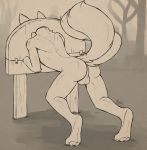  anthro backsack balls butt canid canine feet fox hi_res howlart male mammal monochrome nude outside solo standing stocks 