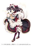  1girl apron argyle argyle_legwear black_legwear black_skirt blue_eyes bow brown_hair cake clenched_hand cup dessert food fork frills full_body hair_bow hand_up holding holding_tray mahou_tsukai_to_kuroneko_no_wiz maid maid_apron official_art pocket red_bow shoes short_twintails skirt slice_of_cake solo tea teacup teapot tray twintails watermark white_background white_bow 