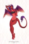  2018 4_toes anthro barefoot digital_media_(artwork) dragon feathered_dragon feathered_wings feathers female hair hi_res midriff navel purple_hair smile solo toes wings yasmil yellow_eyes 